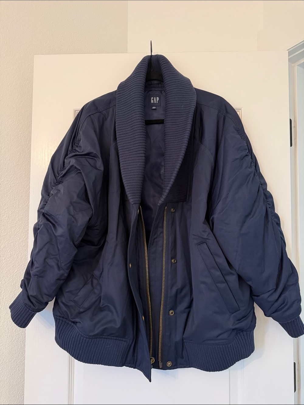 GAP Womens Oversized Navy Shawl-Collar Bomber Coat